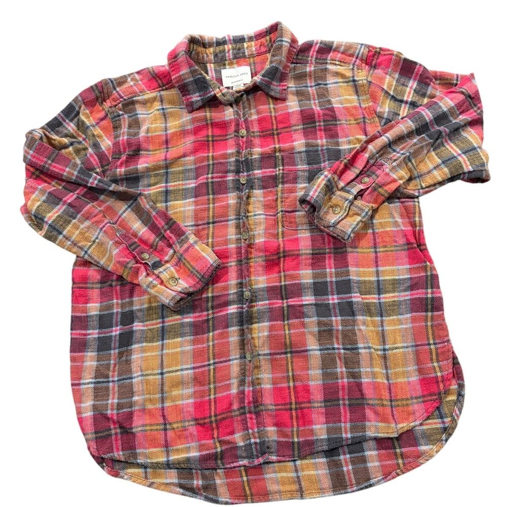 American Eagle Flannel Button Up Shirt Red Plaid Size M Boyfriend Fit M